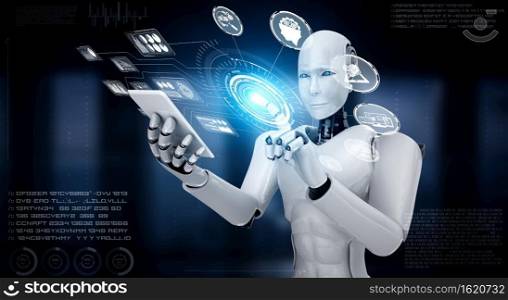 Robot humanoid use mobile phone or tablet for big data analytic using AI thinking brain , artificial intelligence and machine learning process for the 4th fourth industrial revolution . 3D rendering.. Robot humanoid use mobile phone or tablet for big data analytic