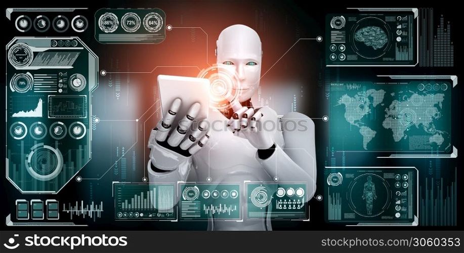 Robot humanoid use mobile phone or tablet for big data analytic using AI thinking brain , artificial intelligence and machine learning process for the 4th fourth industrial revolution . 3D rendering.