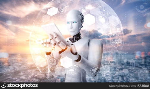 Robot humanoid use mobile phone or tablet for global network connection using AI thinking brain , artificial intelligence and machine learning process for 4th industrial revolution . 3D illustration.