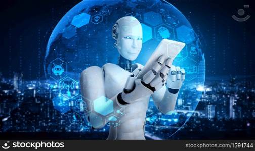 Robot humanoid use mobile phone or tablet for global network connection using AI thinking brain , artificial intelligence and machine learning process for 4th industrial revolution . 3D illustration.
