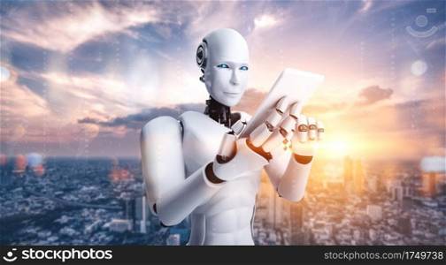Robot humanoid use mobile phone or tablet for global network connection using AI thinking brain , artificial intelligence and machine learning process for 4th industrial revolution . 3D illustration.. Robot humanoid use mobile phone or tablet for global network connection