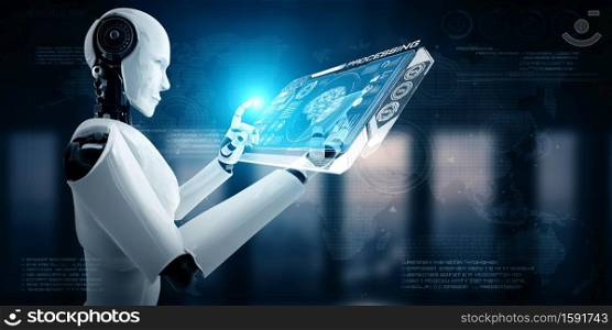 Robot humanoid use mobile phone or tablet in concept of AI thinking brain , artificial intelligence and machine learning process for the 4th fourth industrial revolution . 3D illustration.