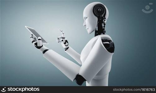 Robot humanoid use mobile phone or tablet in future office while using AI thinking brain , artificial intelligence and machine learning process . 4th fourth industrial revolution 3D illustration.