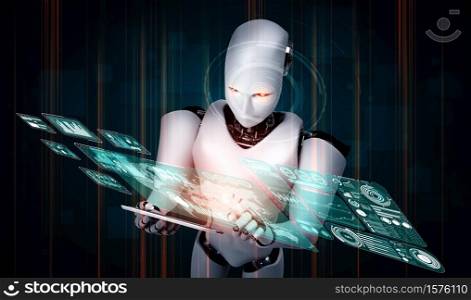 Robot humanoid using tablet computer for big data analytic using AI thinking brain , artificial intelligence and machine learning process for the 4th fourth industrial revolution . 3D rendering.