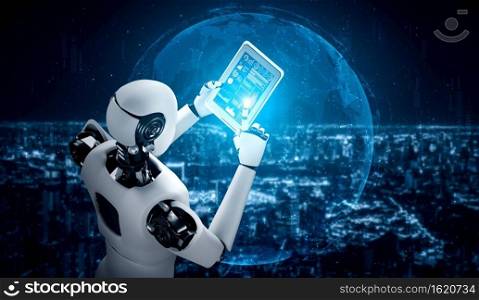 Robot humanoid using tablet computer for global network connection using AI thinking brain , artificial intelligence and machine learning process for 4th industrial revolution . 3D illustration.. Robot humanoid using tablet computer for global network connection