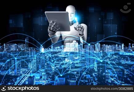 Robot humanoid using tablet computer for global network connection using AI thinking brain , artificial intelligence and machine learning process for 4th industrial revolution . 3D illustration.