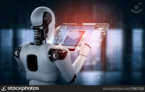 Robot humanoid using tablet computer in concept of AI thinking brain , artificial intelligence and machine learning process for the 4th fourth industrial revolution . 3D illustration.