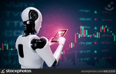 Robot humanoid using tablet computer in concept of stock market trading by AI thinking brain , artificial intelligence and machine learning process. 3D illustration.. Robot humanoid using tablet computer in concept of stock market trading