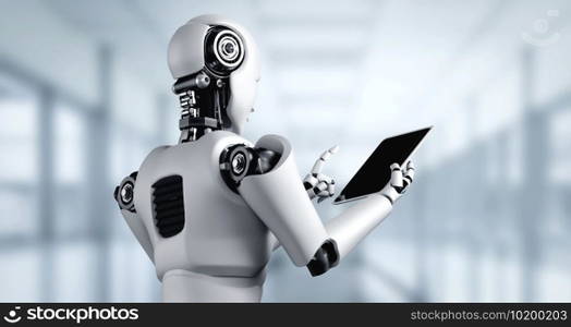 Robot humanoid using tablet computer in future office while using AI thinking brain , artificial intelligence and machine learning process . 4th fourth industrial revolution 3D illustration.. Robot humanoid using tablet computer in future office