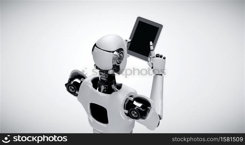 Robot humanoid using tablet computer in future office while using AI thinking brain , artificial intelligence and machine learning process . 4th fourth industrial revolution 3D illustration.