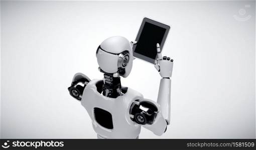 Robot humanoid using tablet computer in future office while using AI thinking brain , artificial intelligence and machine learning process . 4th fourth industrial revolution 3D illustration.