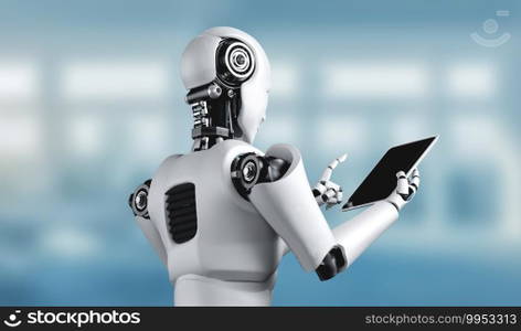 Robot humanoid using tablet computer in future office while using AI thinking brain , artificial intelligence and machine learning process . 4th fourth industrial revolution 3D illustration.