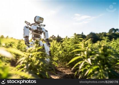 robot in a cannabis field, robotic cultivate plant marijuana generative ai.