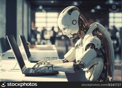 Robot in office using laptop and sits at table. Humanoid robot working in modern office. Artificial intelligence in futuristic technology concept. Generative AI