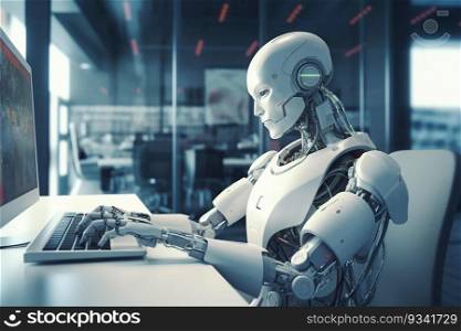Robot in office using laptop and sits at table. Humanoid robot working in modern office. Artificial intelligence in futuristic technology concept. Generative AI