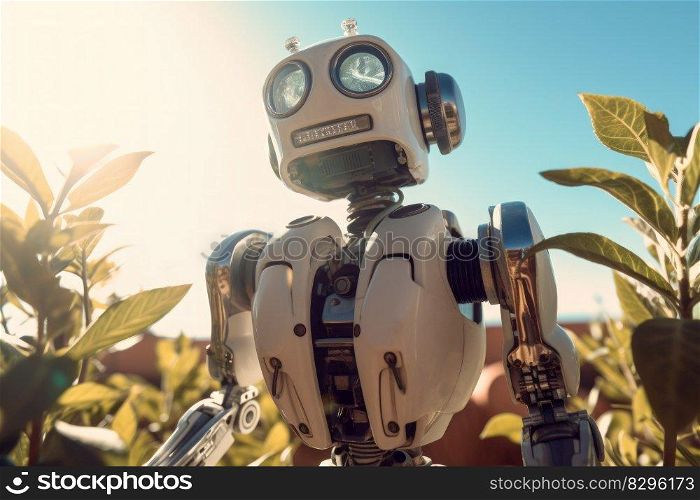 robot in the summer flower field, nature and robotics generative ai.