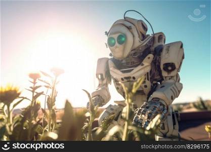 robot in the summer flower field, nature and robotics generative ai.