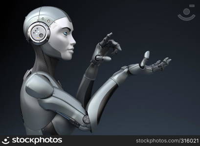 Robot is looking at something in his hand. 3D illustration. Robot is looking at something in his hand