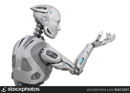 Robot looking at his hand. 3D illustration. Robot looking at his hand