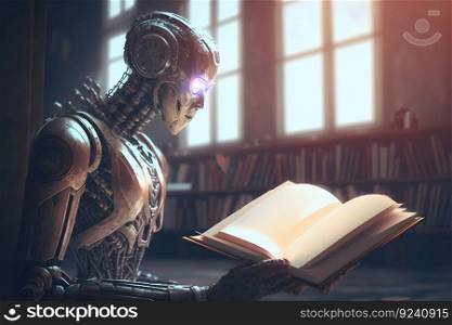 Robot of the future writes a book. Neural network AI generated art. Robot of the future writes a book. Neural network AI generated