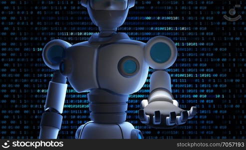 Robot open his hand with empty space and binary data number background, Artificial intelligence in futuristic digital technology concept. 3d illustration