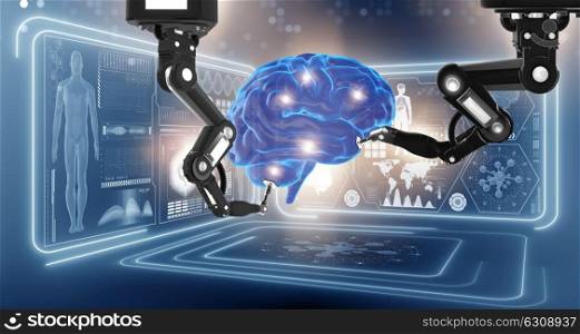 Robot performing surgery on head brain- 3D rendering. Robot performing surgery on head brain - 3D rendering