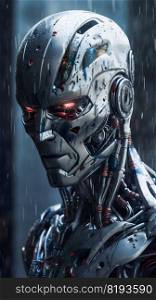 Robot portrait in the rain. Generative AI. High quality illustration. Robot portrait in the rain. Generative AI