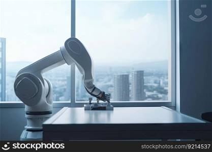 robot programer, testing the simulation of robotic arm, with view of virtual cityscape in the background, created with generative ai. robot programer, testing the simulation of robotic arm, with view of virtual cityscape in the background