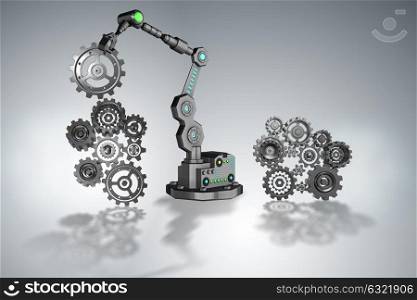 Robot putting cogwheels in connection