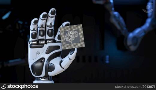 Robot&rsquo;s Hand Holding an Artificial Intelligence Computer Processor Unit. 3d illustration. Robot&rsquo;s Hand Holding an Artificial Intelligence Computer Processor Unit
