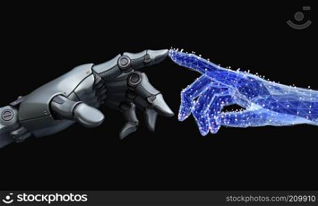 Robot's hand touches virtual hand made of net. 3D illustration. Robot's hand touches virtual hand made of net