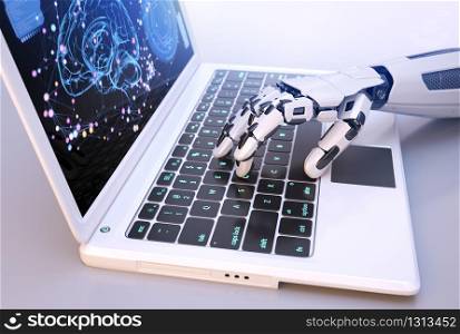 Robot&rsquo;s hand typing on keyboard. 3D illustration. Robot&rsquo;s hand typing on keyboard