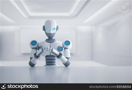 Robot sitting in front of empty table, artificial intelligence i. Robot sitting in front of empty table, artificial intelligence in futuristic technology concept, 3d illustration. Robot sitting in front of empty table, artificial intelligence in futuristic technology concept, 3d illustration