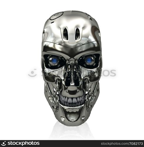 Robot skull with metallic surface and blue glowing eyes smiling isolated on white background