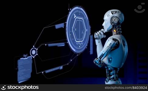 Robot standing in front of a futuristic user interface. 3D illustration. Robot standing in front of a futuristic user interface