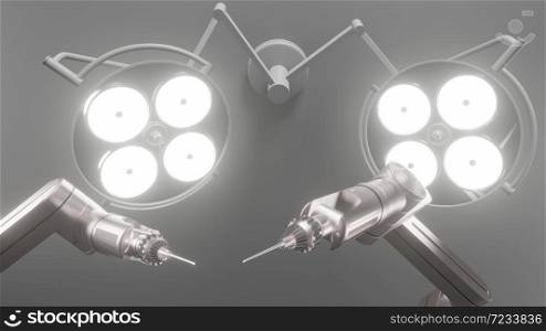 Robot surgery machine with surgery lights in operation room. 3d rendering