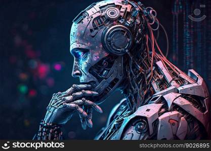 Robot thinking about. Generative AI. High quality illustration. Robot thinking about. Generative AI