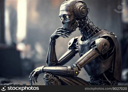 Robot thinking about. Generative AI. High quality illustration. Robot thinking about. Generative AI