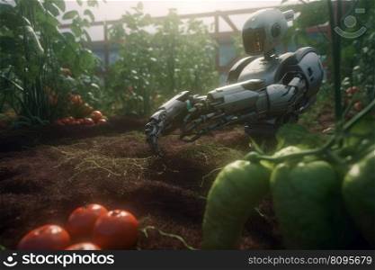Robot tracks vegetables farm. Automated garden. Generate Ai. Robot tracks vegetables farm. Generate Ai
