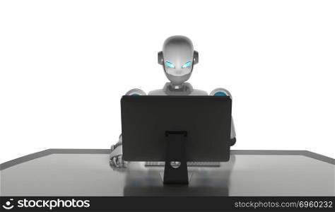 Robot using a computer isolated on white, artificial intelligenc. Robot using a computer isolated on white, artificial intelligence in futuristic technology concept, 3d illustration. Robot using a computer isolated on white, artificial intelligence in futuristic technology concept, 3d illustration