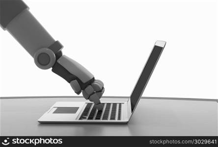 Robot using a computer isolated on white. Hand of artificial int. Robot using a computer isolated on white. Hand of artificial intelligence in futuristic technology concept, 3d illustration. Robot using a computer isolated on white. Hand of artificial intelligence in futuristic technology concept, 3d illustration