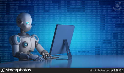 Robot using a computer with binary code, artificial intelligence. Robot using a computer with binary code, artificial intelligence in futuristic technology concept, 3d illustration. Robot using a computer with binary code, artificial intelligence in futuristic technology concept, 3d illustration