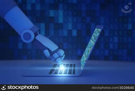 Robot using a computer with data code. Hand of artificial intell. Robot using a computer with data code. Hand of artificial intelligence in futuristic technology concept, 3d illustration. Robot using a computer with data code. Hand of artificial intelligence in futuristic technology concept, 3d illustration