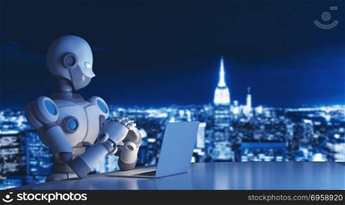 Robot using a laptop computer in city, artificial intelligence i. Robot using a laptop computer in city, artificial intelligence in futuristic technology concept, 3d illustration. Robot using a laptop computer in city, artificial intelligence in futuristic technology concept, 3d illustration