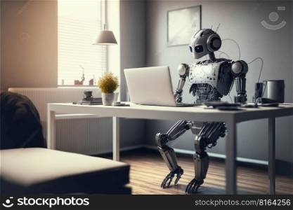 Robot using computer laptop on table in liveing modern room , Technology control automation robotics machine in intelligent instead of humans , Generative Ai
