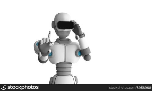 Robot wearing virtual reality glasses on white background. Artif. Robot wearing virtual reality glasses on white background. Artificial intelligence in futuristic technology concept, 3d illustration. Robot wearing virtual reality glasses on white background. Artificial intelligence in futuristic technology concept, 3d illustration