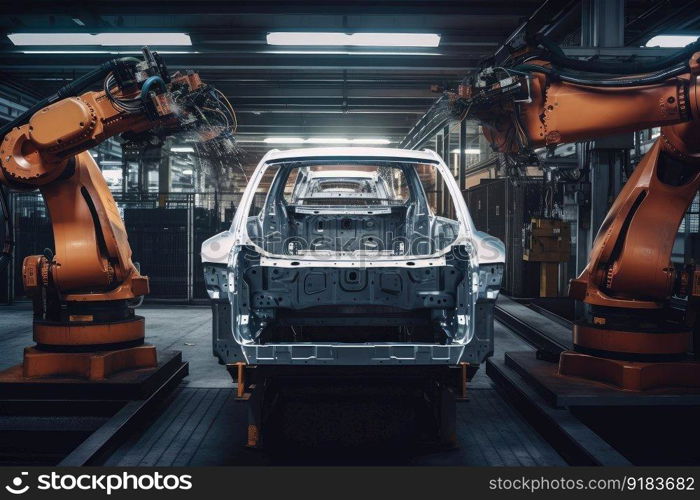 robot, welding part on car chassis, in automotive factory, created with generative ai. robot, welding part on car chassis, in automotive factory