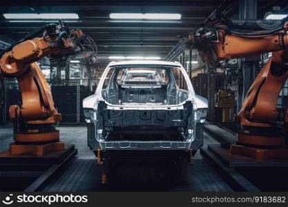 robot, welding part on car chassis, in automotive factory, created with generative ai. robot, welding part on car chassis, in automotive factory