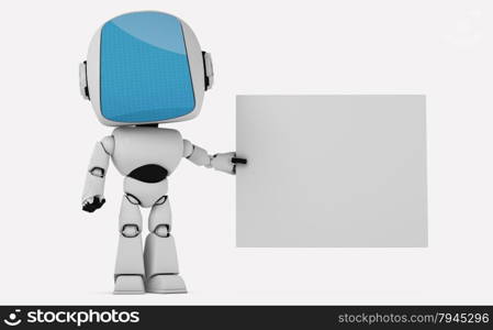 Robot with empty board on white background - 3D render