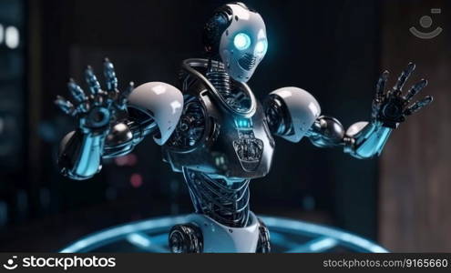 robot with outstretched hands hold web network hologram generative ai.